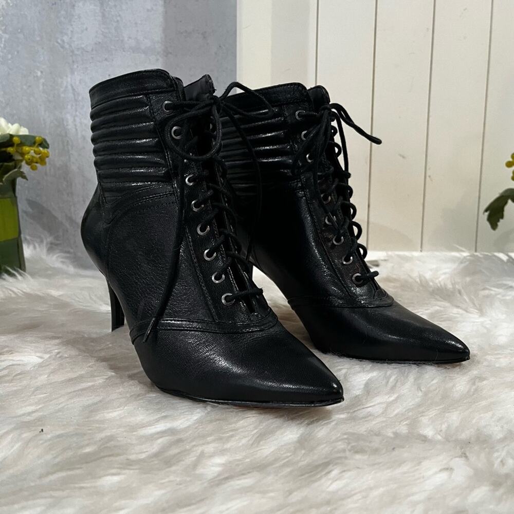 Nine West Leather Lace-up Retro Granny Moto Ankle Stiletto Heeled Boots 5.5 NWOT - Picture 8 of 13